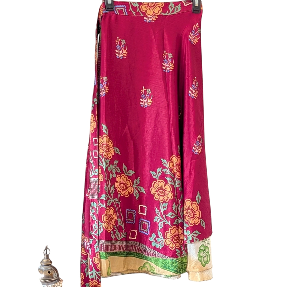 Darn Good yarn Floral Silk Pink Wrap Skirt Layered Bohemian Maxi Cottage